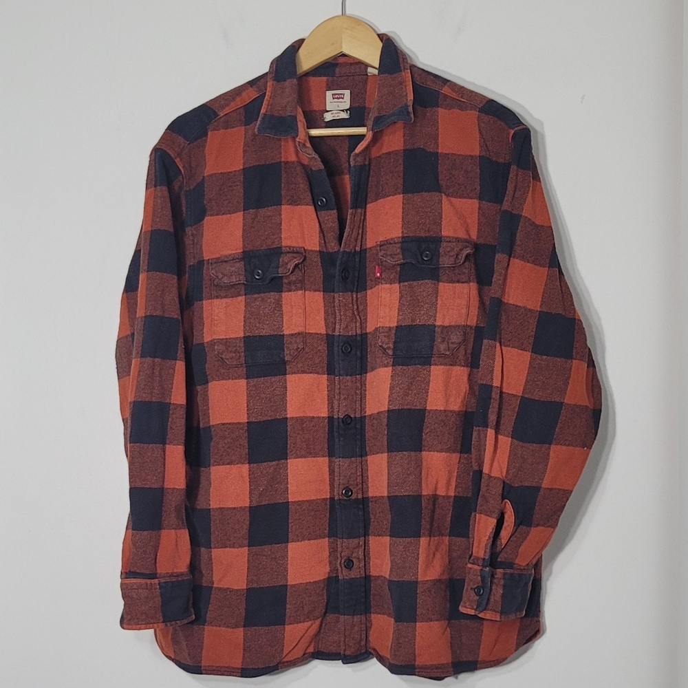 Levi's Orange Black Plaid 100% Cotton Relax Pocket Button Down Shirt Unisex Sz L